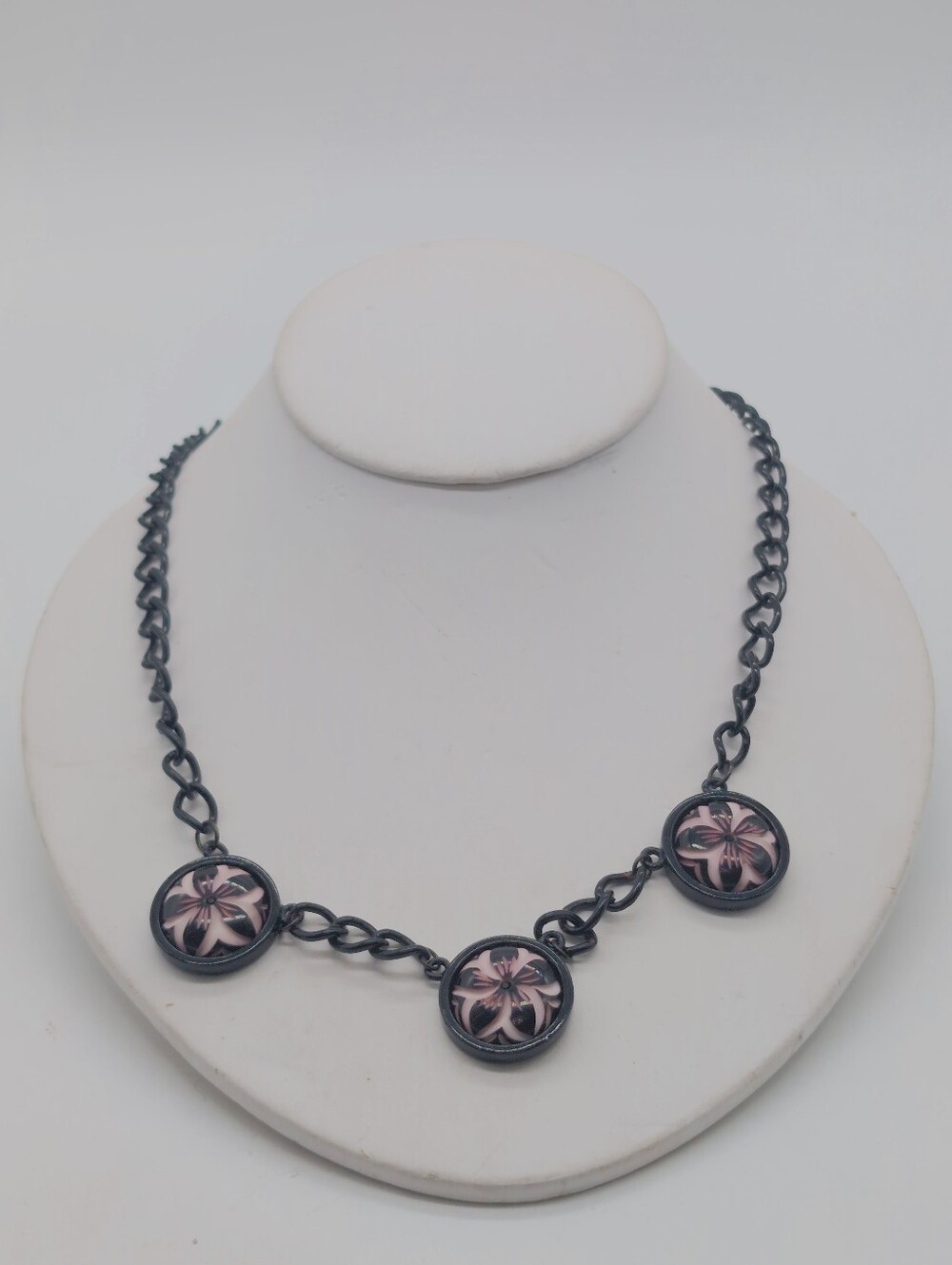 Art Noveau Black Chain Necklace with Pink Purple Floral Medallions 21"